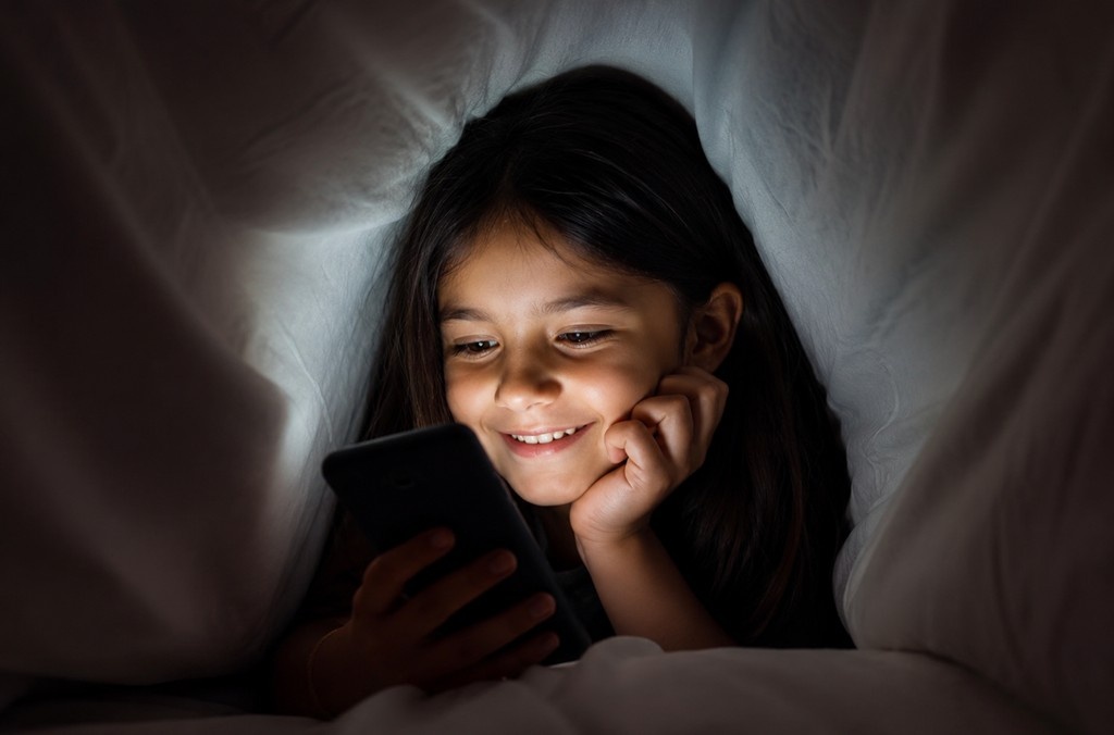 Young child using a smartphone under a blanket at night, highlighting the importance of online safety, parental supervision, and protecting children from inappropriate videos on YouTube and social media.