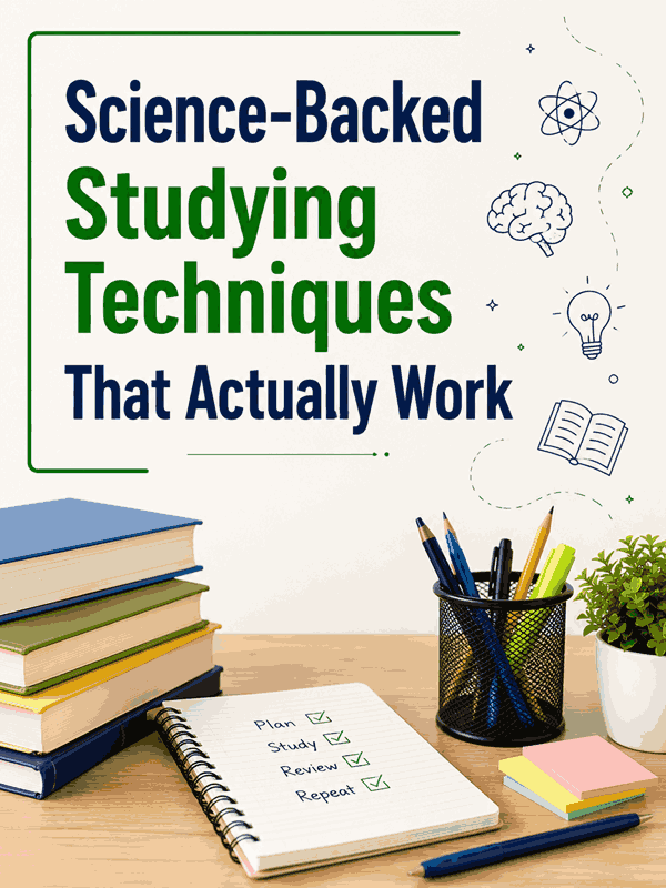 Simple illustration of science-backed studying techniques with books, notebook, and study desk showing evidence-based methods to improve learning, memory, and exam performance.