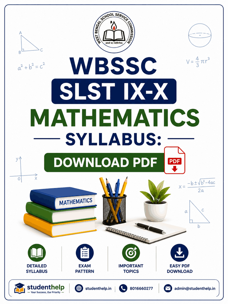 WBSSC SLST IX-X Mathematics Syllabus PDF Download poster featuring mathematics books, study materials, exam pattern, important topics, and StudentHelp resources for Assistant Teacher exam preparation.