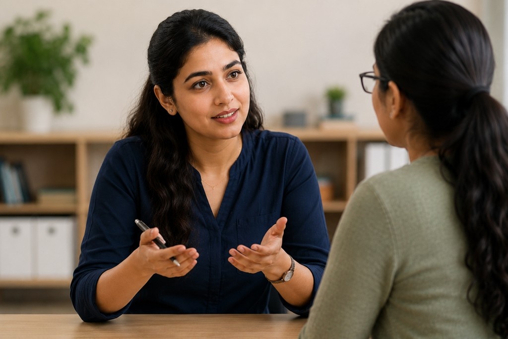 Teacher asking thoughtful questions during a constructive feedback discussion to better understand concerns, clarify expectations, and improve teaching practices.