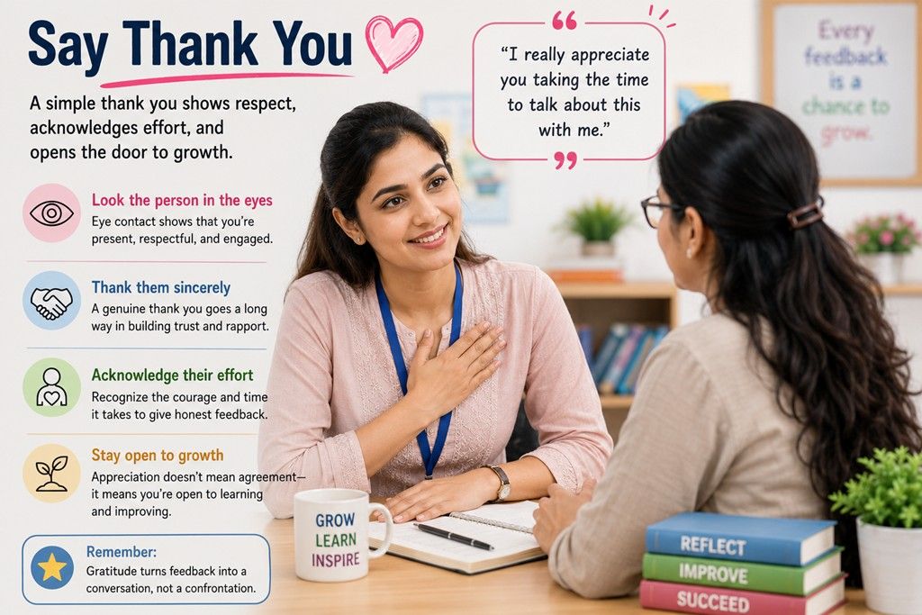 Female teacher sincerely thanking a colleague after receiving constructive feedback, showing appreciation, professionalism, and a positive growth mindset.